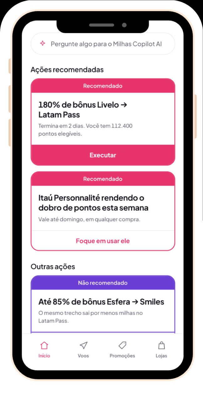 App do MilhasCopilot mostrando ações recomendadas para seus pontos e milhas