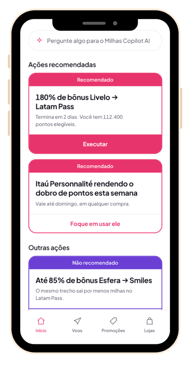 App do MilhasCopilot mostrando ações recomendadas para seus pontos e milhas